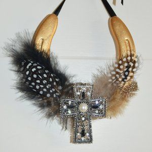 Gold Lucky Horseshoe with Crystal and Pearl Cross